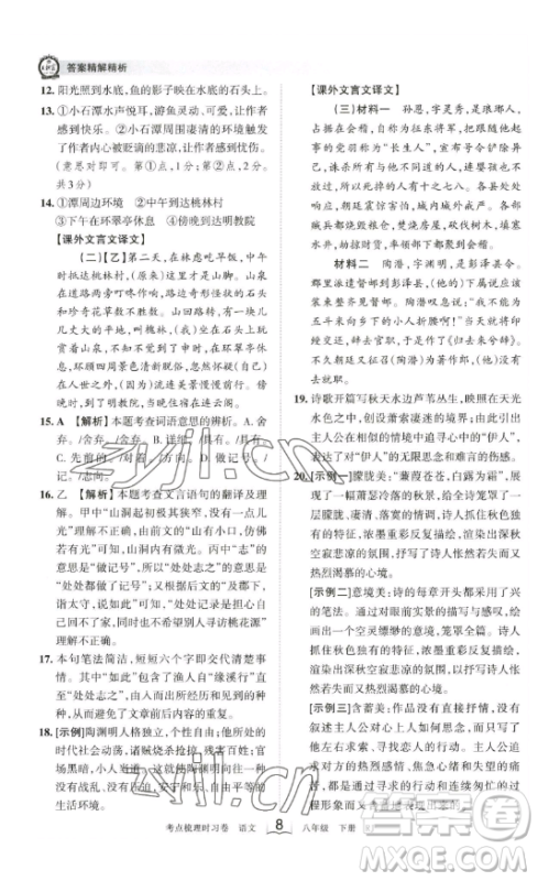 江西人民出版社2023王朝霞考点梳理时习卷八年级下册语文人教版答案