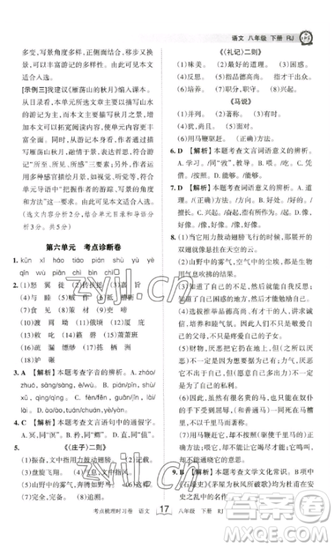 江西人民出版社2023王朝霞考点梳理时习卷八年级下册语文人教版答案