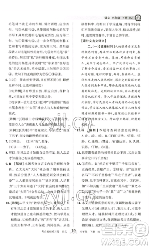 江西人民出版社2023王朝霞考点梳理时习卷八年级下册语文人教版答案