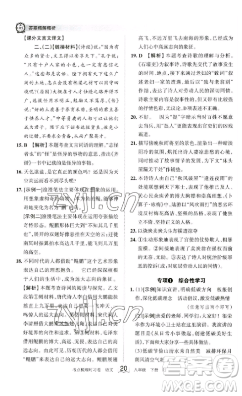 江西人民出版社2023王朝霞考点梳理时习卷八年级下册语文人教版答案