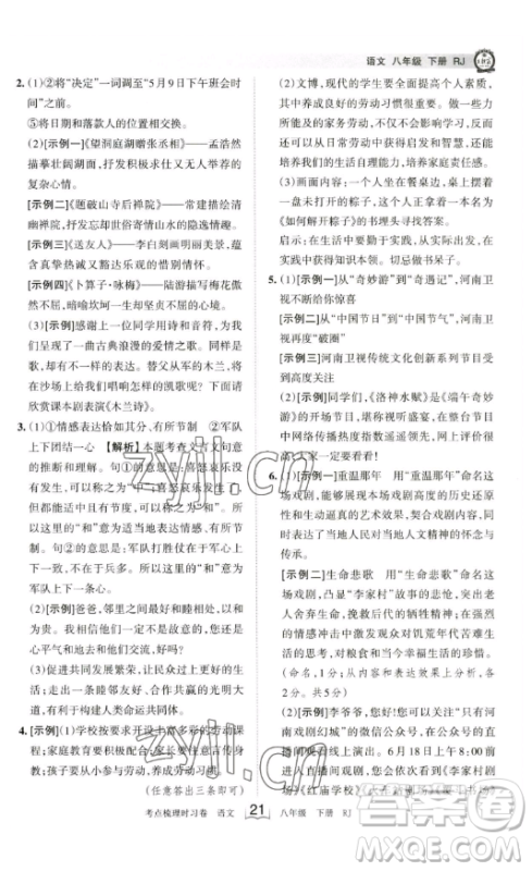 江西人民出版社2023王朝霞考点梳理时习卷八年级下册语文人教版答案