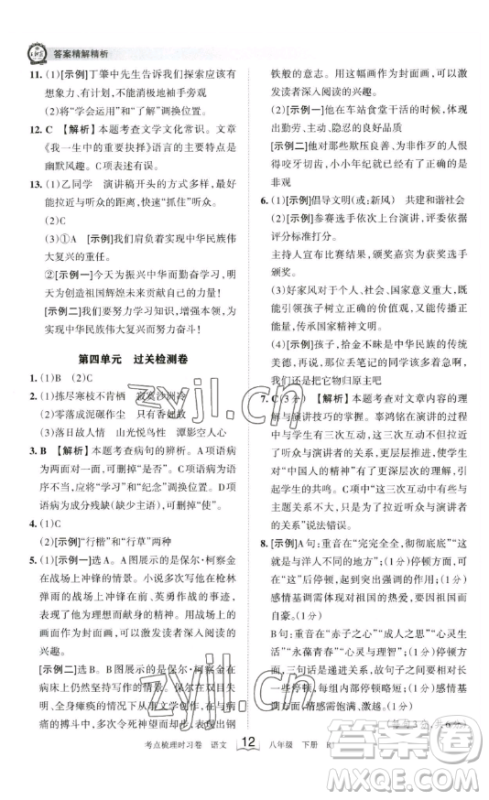 江西人民出版社2023王朝霞考点梳理时习卷八年级下册语文人教版答案