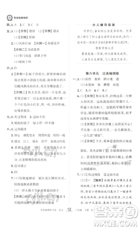 江西人民出版社2023王朝霞考点梳理时习卷三年级下册语文人教版答案