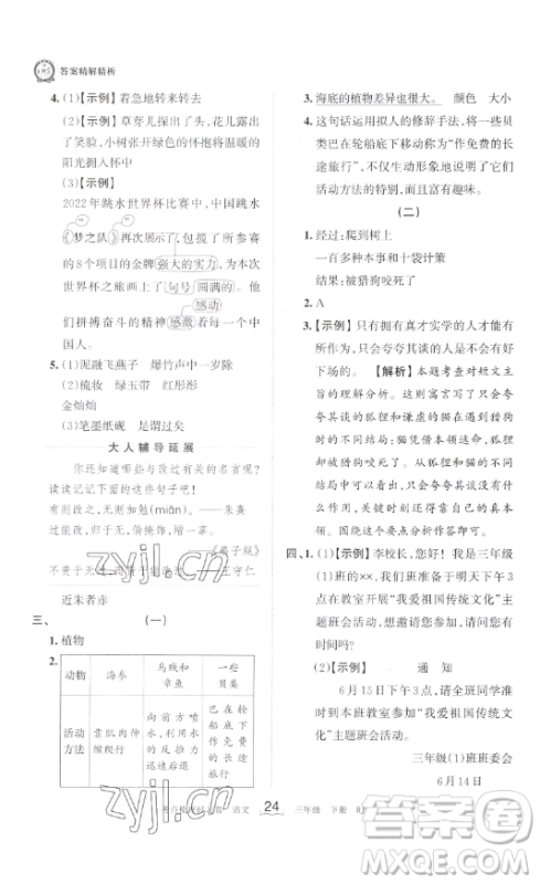 江西人民出版社2023王朝霞考点梳理时习卷三年级下册语文人教版答案