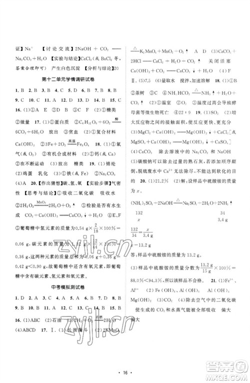 江苏人民出版社2023课时提优计划作业本九年级化学下册人教版参考答案