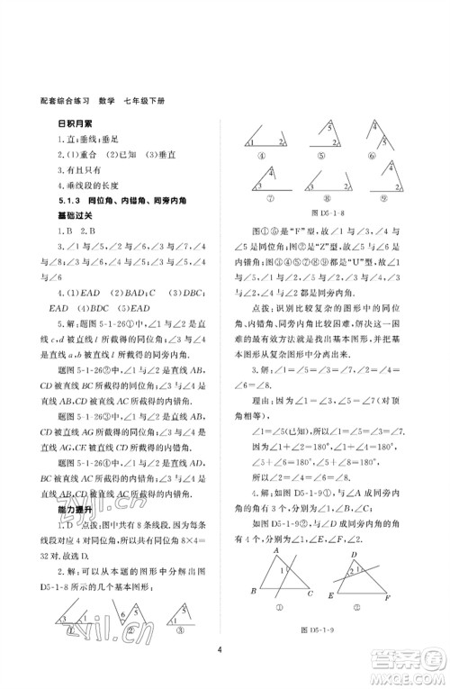 北京师范大学出版社2023数学配套综合练习七年级下册人教版参考答案