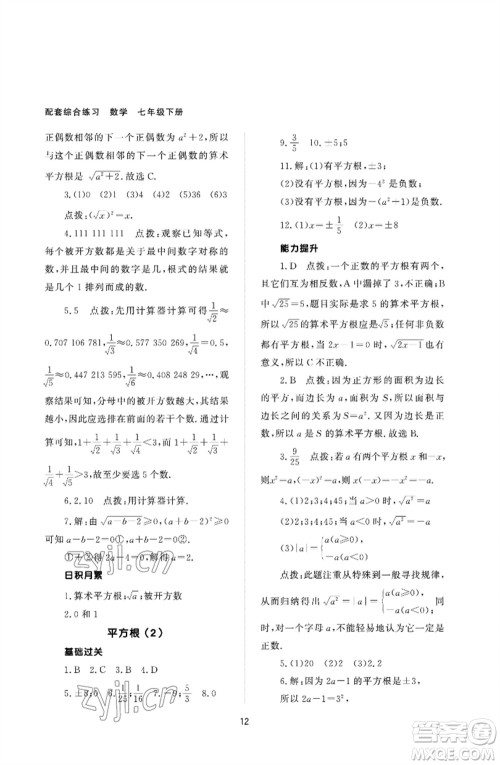 北京师范大学出版社2023数学配套综合练习七年级下册人教版参考答案
