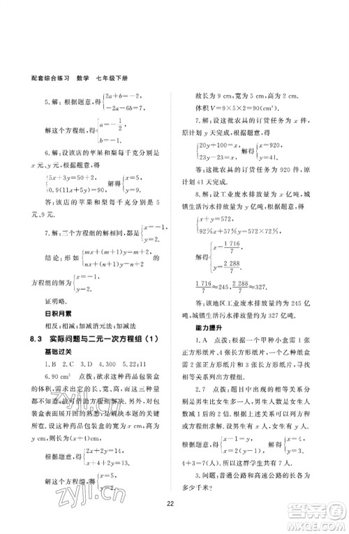 北京师范大学出版社2023数学配套综合练习七年级下册人教版参考答案