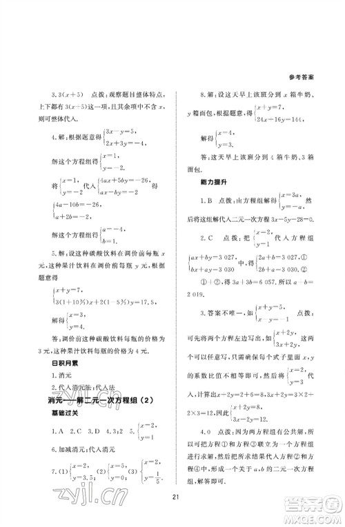北京师范大学出版社2023数学配套综合练习七年级下册人教版参考答案