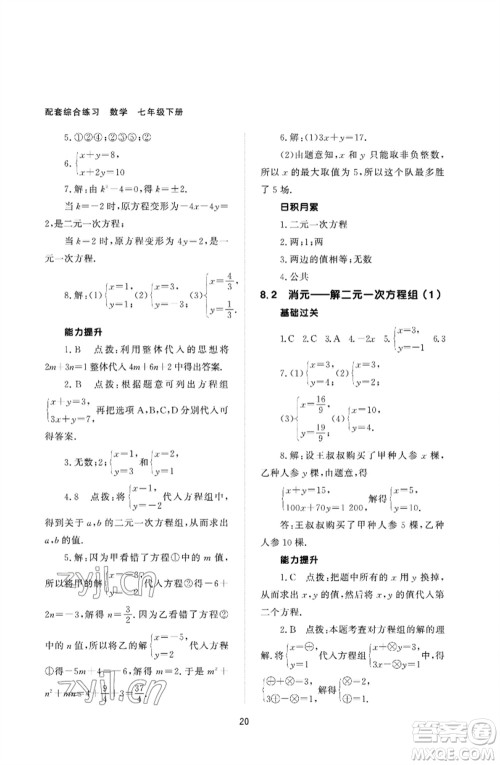 北京师范大学出版社2023数学配套综合练习七年级下册人教版参考答案