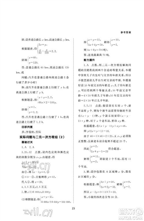 北京师范大学出版社2023数学配套综合练习七年级下册人教版参考答案