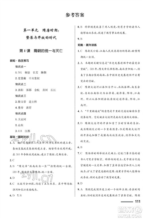 甘肃教育出版社2023历史配套综合练习七年级下册人教版参考答案