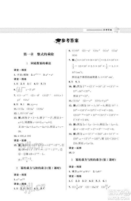 北京师范大学出版社2023数学配套综合练习七年级下册北师大版参考答案