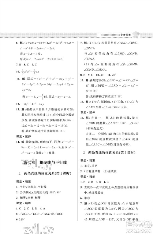 北京师范大学出版社2023数学配套综合练习七年级下册北师大版参考答案