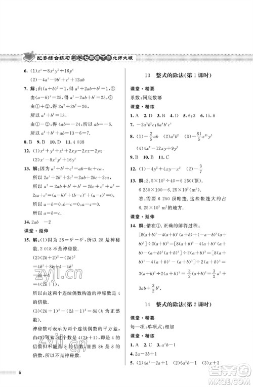 北京师范大学出版社2023数学配套综合练习七年级下册北师大版参考答案