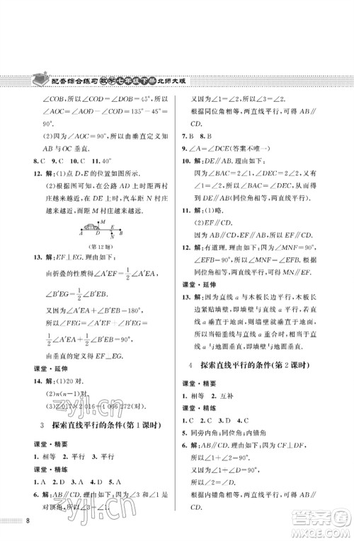 北京师范大学出版社2023数学配套综合练习七年级下册北师大版参考答案