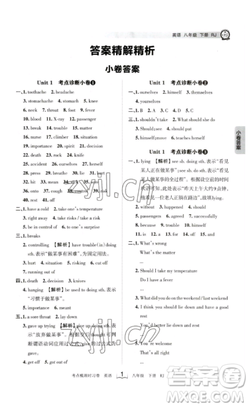 江西人民出版社2023王朝霞考点梳理时习卷八年级下册英语人教版答案