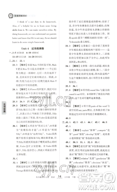 江西人民出版社2023王朝霞考点梳理时习卷八年级下册英语人教版答案