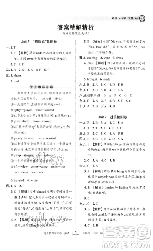 江西人民出版社2023王朝霞考点梳理时习卷六年级下册英语北师大版答案