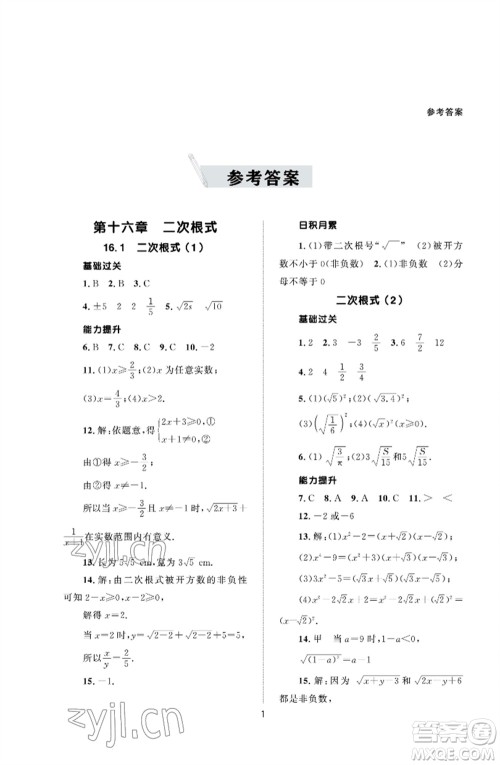 北京师范大学出版社2023数学配套综合练习八年级下册人教版参考答案