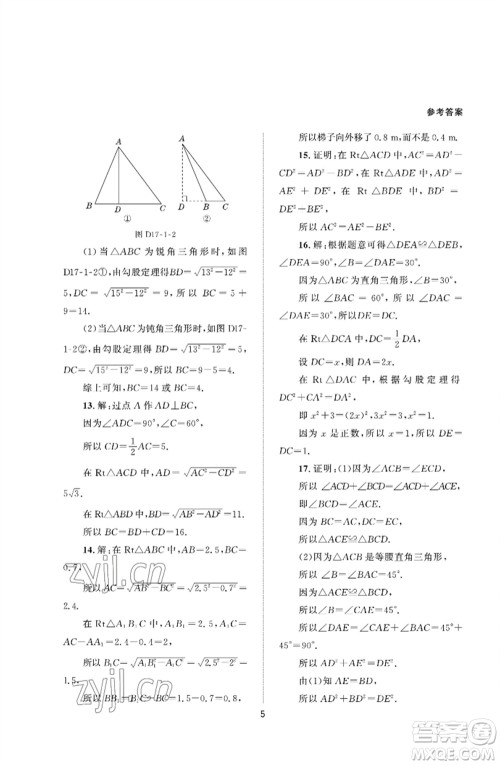 北京师范大学出版社2023数学配套综合练习八年级下册人教版参考答案