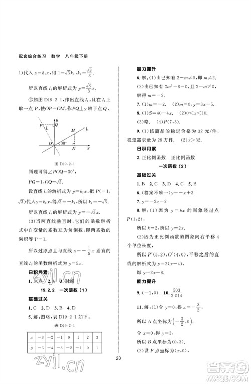 北京师范大学出版社2023数学配套综合练习八年级下册人教版参考答案