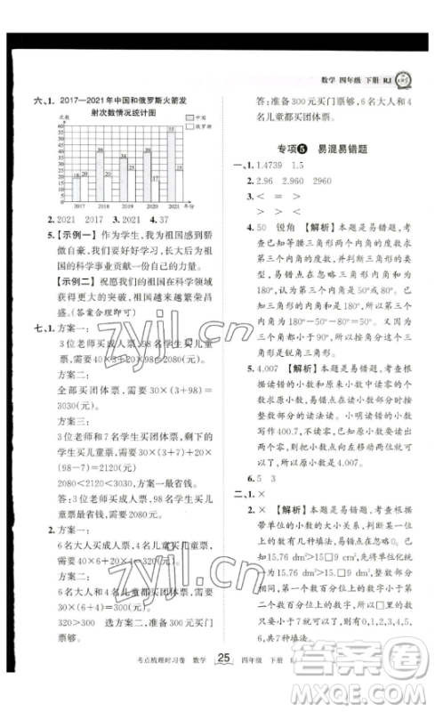 江西人民出版社2023王朝霞考点梳理时习卷四年级下册数学人教版答案