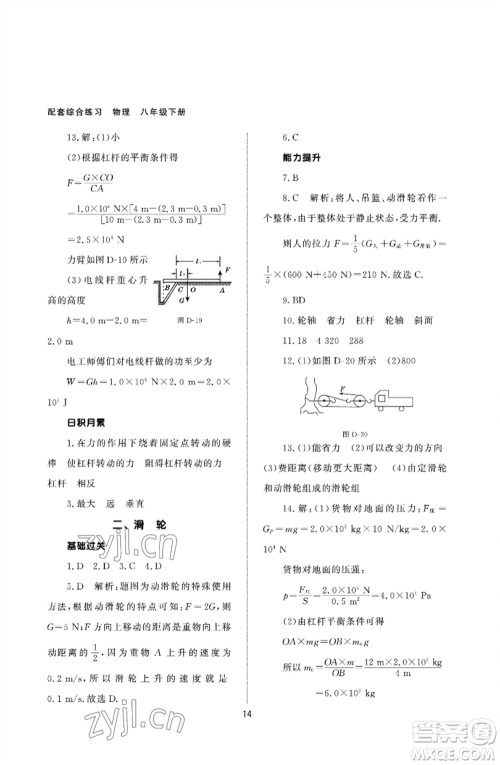 北京师范大学出版社2023物理配套综合练习八年级下册人教版参考答案