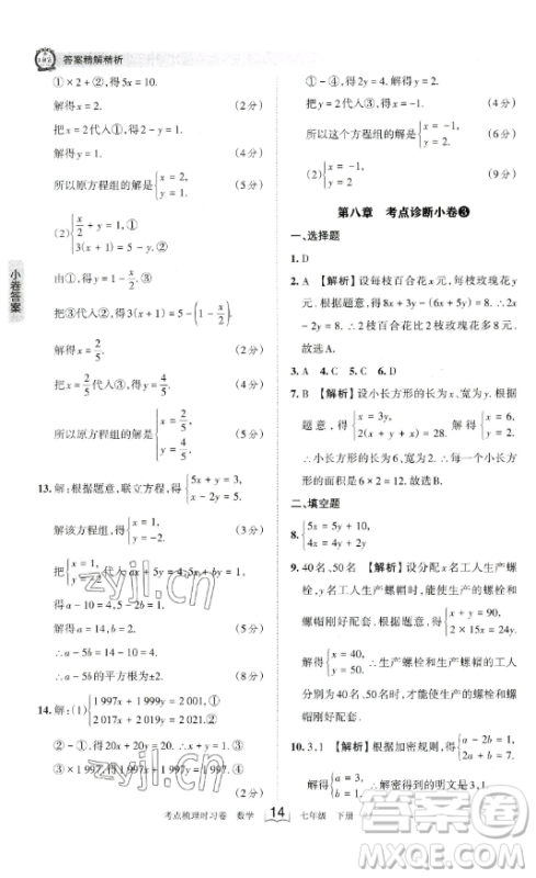 江西人民出版社2023王朝霞考点梳理时习卷七年级下册数学人教版答案