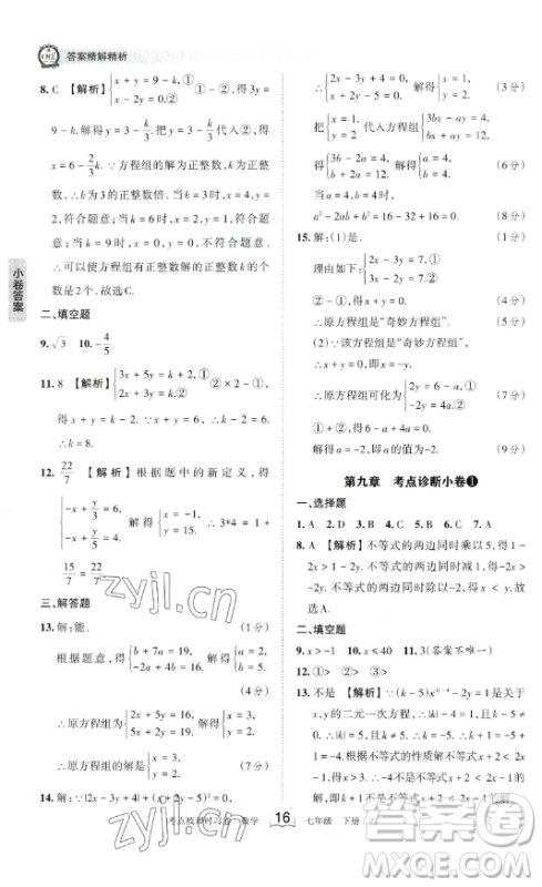 江西人民出版社2023王朝霞考点梳理时习卷七年级下册数学人教版答案