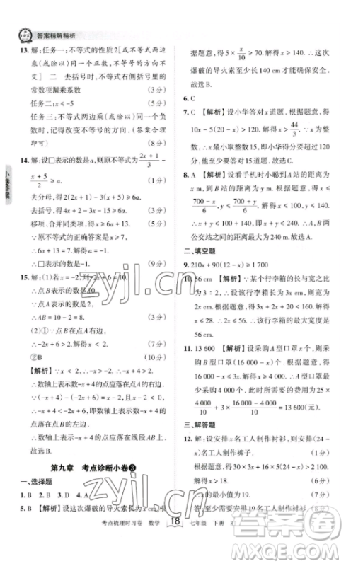 江西人民出版社2023王朝霞考点梳理时习卷七年级下册数学人教版答案