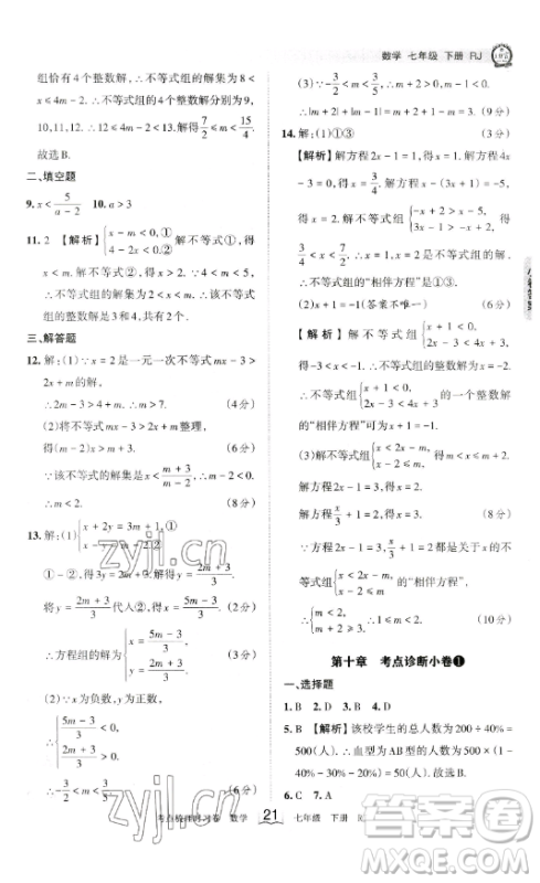 江西人民出版社2023王朝霞考点梳理时习卷七年级下册数学人教版答案