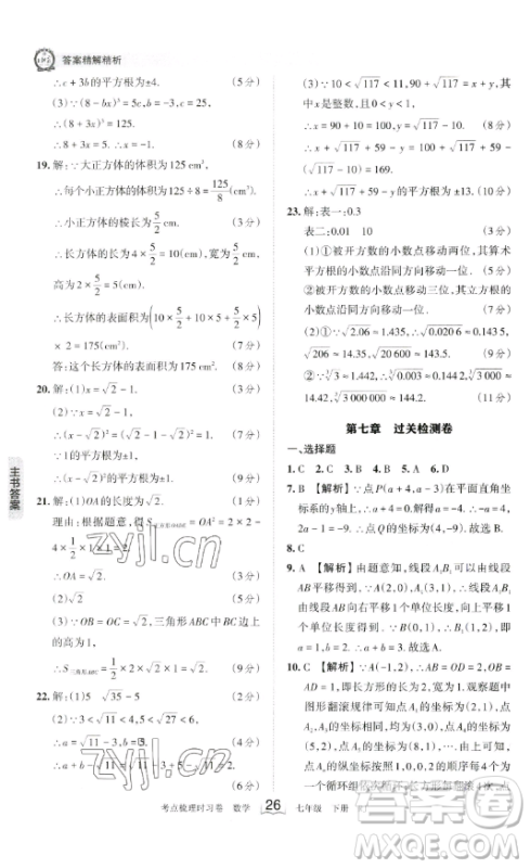 江西人民出版社2023王朝霞考点梳理时习卷七年级下册数学人教版答案