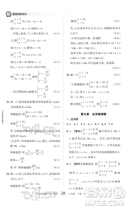 江西人民出版社2023王朝霞考点梳理时习卷七年级下册数学人教版答案