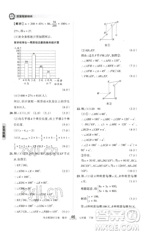 江西人民出版社2023王朝霞考点梳理时习卷七年级下册数学人教版答案