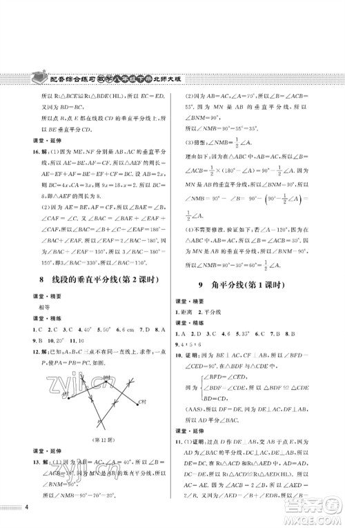 北京师范大学出版社2023数学配套综合练习八年级下册北师大版参考答案