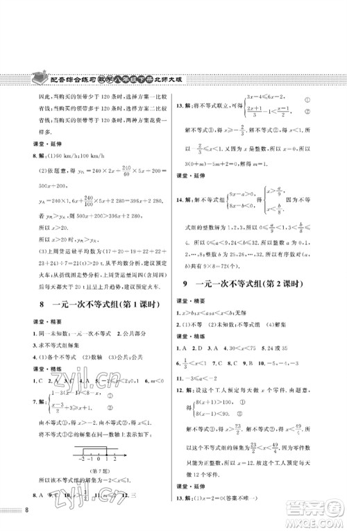 北京师范大学出版社2023数学配套综合练习八年级下册北师大版参考答案