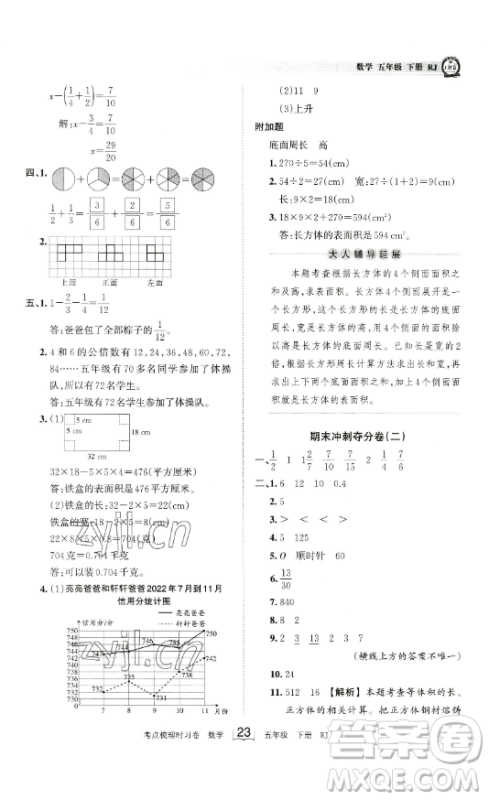 江西人民出版社2023王朝霞考点梳理时习卷五年级下册数学人教版答案