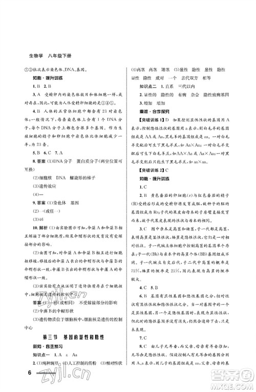 甘肃教育出版社2023生物学配套综合练习八年级下册人教版参考答案