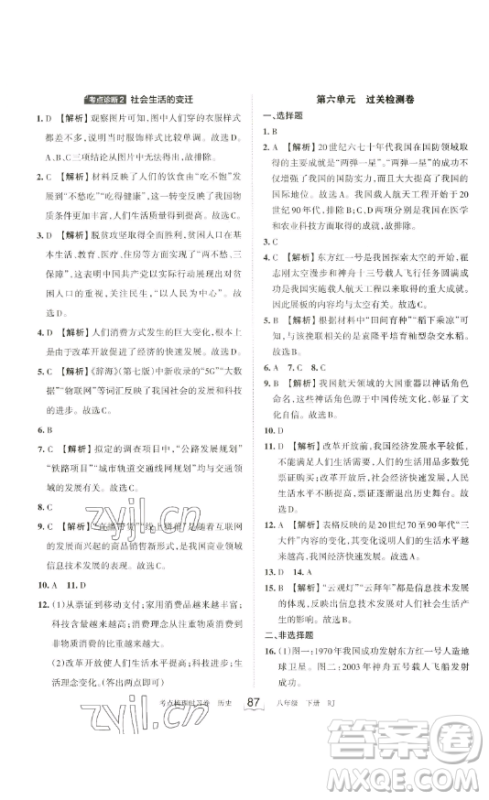 江西人民出版社2023王朝霞考点梳理时习卷八年级下册历史人教版答案