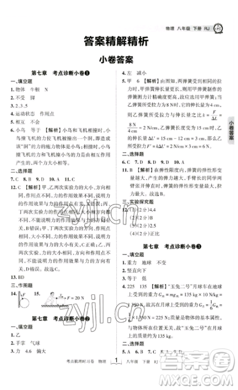 江西人民出版社2023王朝霞考点梳理时习卷八年级下册物理人教版答案