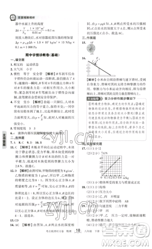江西人民出版社2023王朝霞考点梳理时习卷八年级下册物理人教版答案