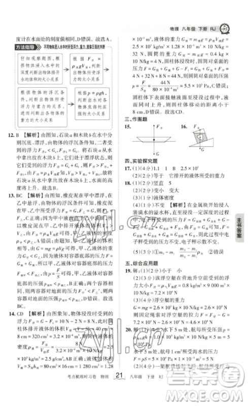 江西人民出版社2023王朝霞考点梳理时习卷八年级下册物理人教版答案