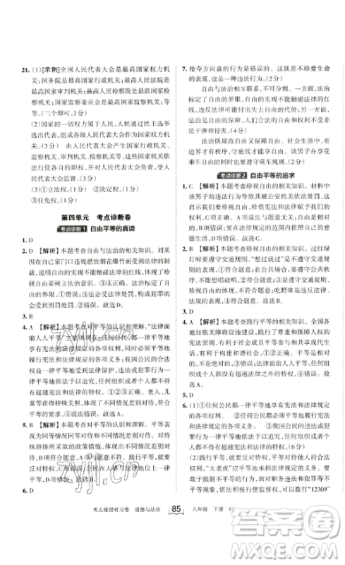 江西人民出版社2023王朝霞考点梳理时习卷八年级下册道德与法治人教版答案