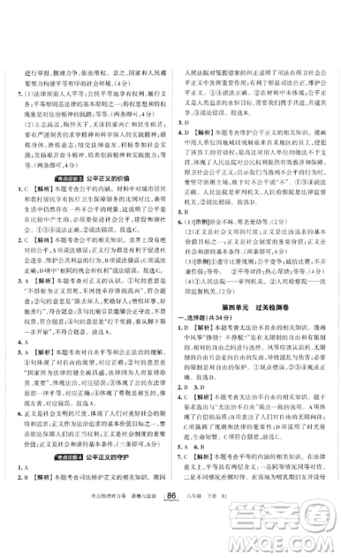 江西人民出版社2023王朝霞考点梳理时习卷八年级下册道德与法治人教版答案