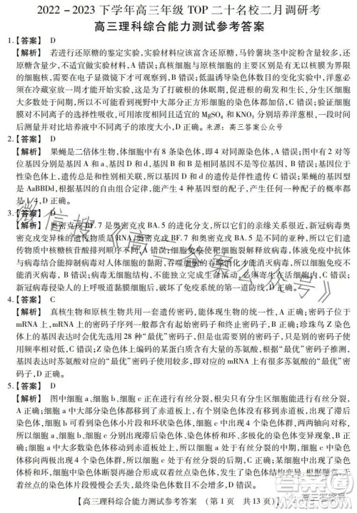 河南省2022-2023下学年高三年级TOP二十名校二月调研考理科综合试卷答案