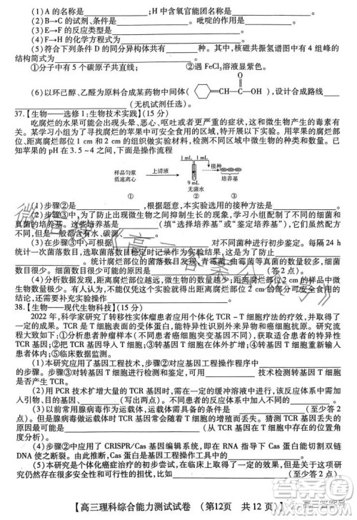 河南省2022-2023下学年高三年级TOP二十名校二月调研考理科综合试卷答案