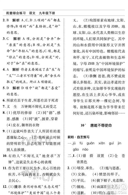 北京师范大学出版社2023语文配套综合练习九年级下册人教版参考答案 北京师范大学出版社2023语文配套综合练习九年级下册人教版参考答案
