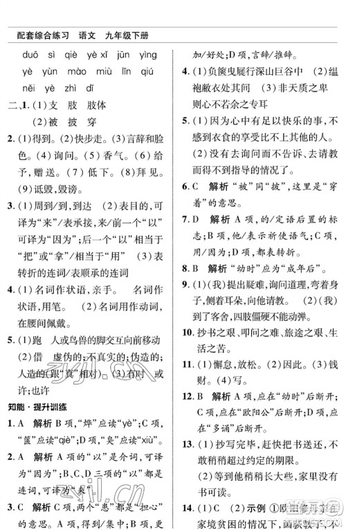 北京师范大学出版社2023语文配套综合练习九年级下册人教版参考答案 北京师范大学出版社2023语文配套综合练习九年级下册人教版参考答案