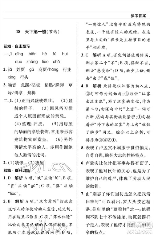 北京师范大学出版社2023语文配套综合练习九年级下册人教版参考答案